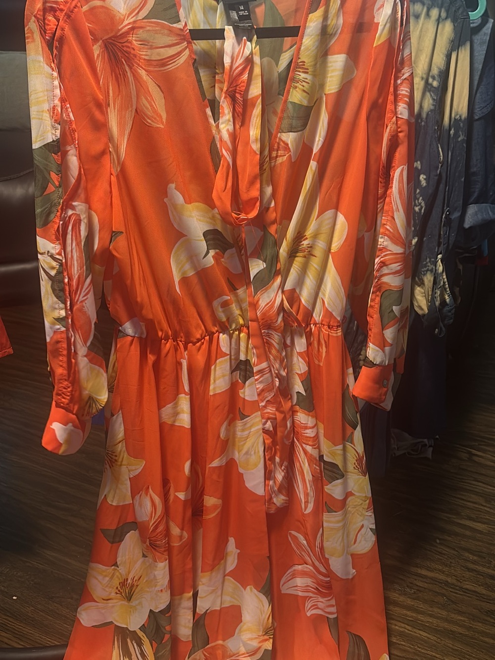 Vibrant Orange Floral Midi Dress